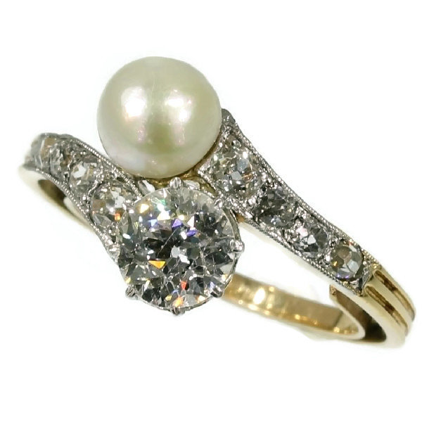 Antique two stone crossover pearl diamond engagement ring